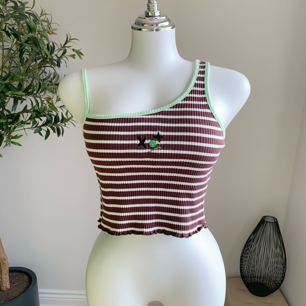 Brown Striped Asymmetrical Crop Tank S NEW